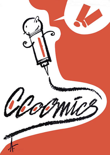 Portada amb el títol de ccoomics, en fons blanc i vermell, amb un bolígraf caricaturitzat
